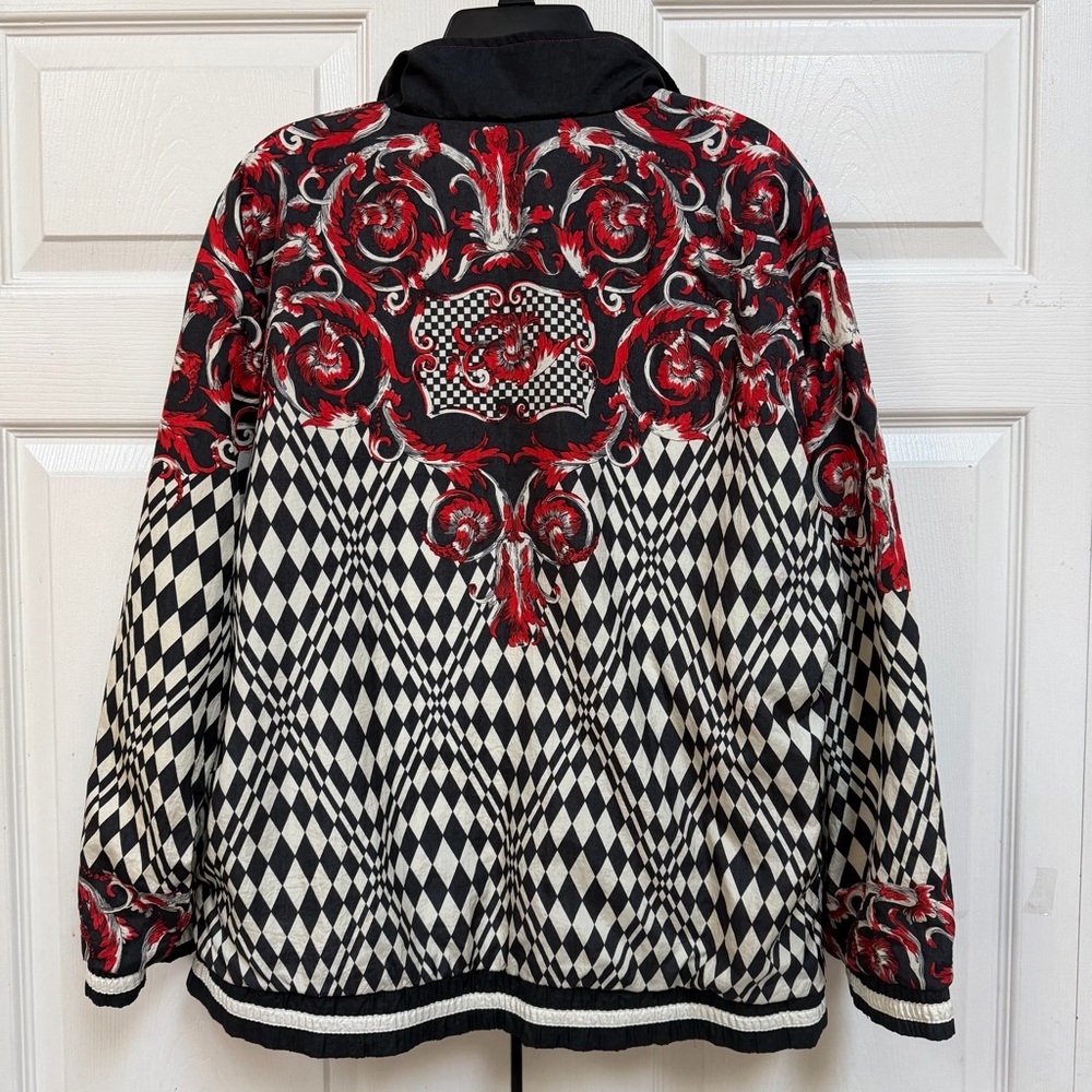 VTG Adolfo Red and Black Patterned Bomber Jacket Windbreaker Size S Zip - Picture 13 of 15